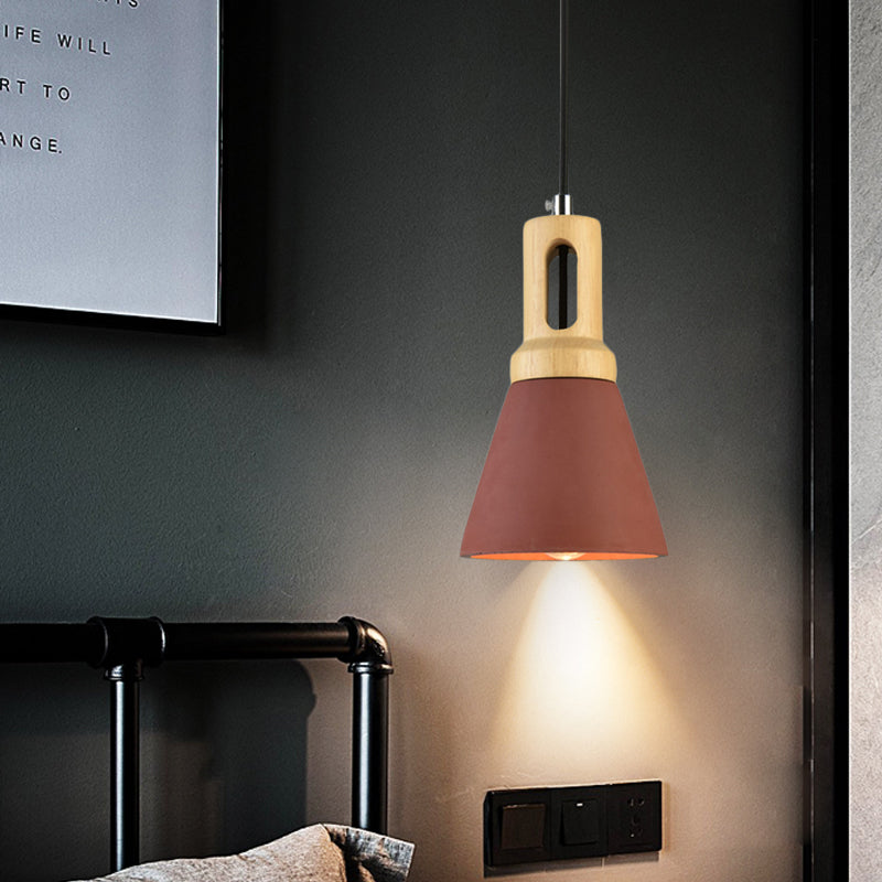 Vintage 1-Light Cement Hanging Pendant Lamp with Wood Bell Bar - Black/Grey/Red