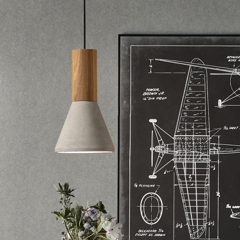 Industrial Pendant Lamp with Wood Top - Cement Grey Cone/Trapezoid/Can Shape, 1-Head, 8.5"/10"/12" High