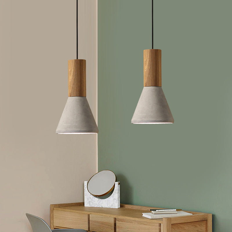 Industrial Pendant Lamp with Wood Top - Cement Grey Cone/Trapezoid/Can Shape, 1-Head, 8.5"/10"/12" High