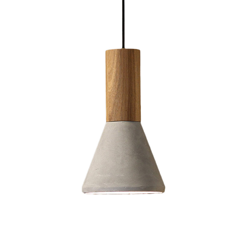 Industrial Pendant Lamp with Wood Top - Cement Grey Cone/Trapezoid/Can Shape, 1-Head, 8.5"/10"/12" High