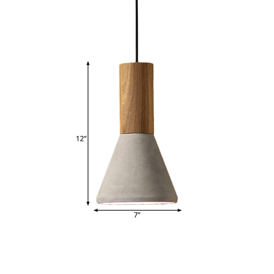 Industrial Pendant Lamp with Wood Top - Cement Grey Cone/Trapezoid/Can Shape, 1-Head, 8.5"/10"/12" High