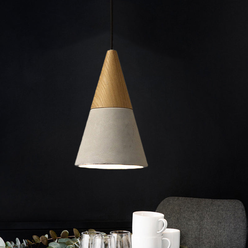 Industrial Cement Grey Pendant Light Kit With Wood Top - Cone/Trapezoid/Can Styles 1-Head 8.5/10/12