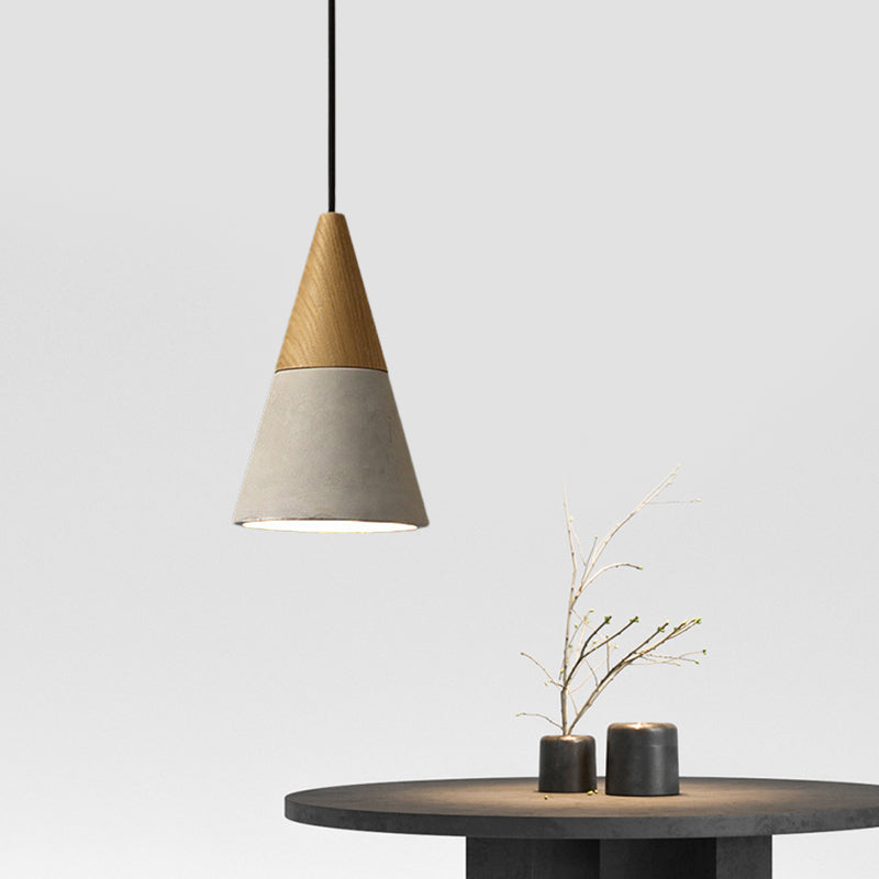 Industrial Pendant Lamp with Wood Top - Cement Grey Cone/Trapezoid/Can Shape, 1-Head, 8.5"/10"/12" High