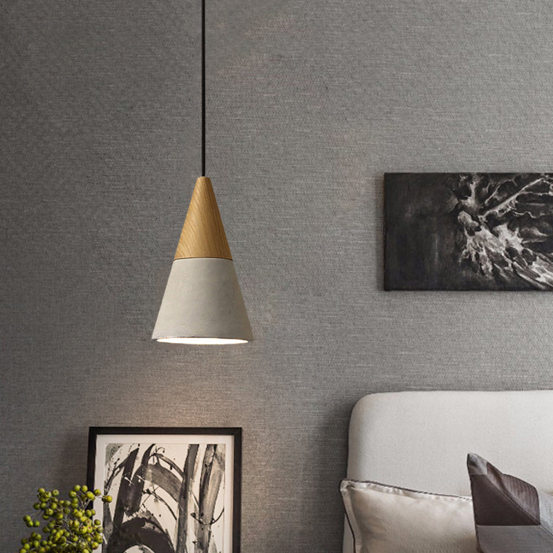 Industrial Cement Grey Pendant Light Kit With Wood Top - Cone/Trapezoid/Can Styles 1-Head 8.5/10/12