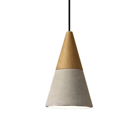 Industrial Pendant Lamp with Wood Top - Cement Grey Cone/Trapezoid/Can Shape, 1-Head, 8.5"/10"/12" High