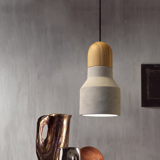 Industrial Pendant Lamp with Wood Top - Cement Grey Cone/Trapezoid/Can Shape, 1-Head, 8.5"/10"/12" High