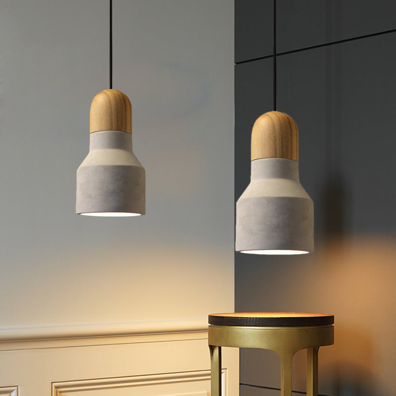 Industrial Cement Grey Pendant Light Kit With Wood Top - Cone/Trapezoid/Can Styles 1-Head 8.5/10/12