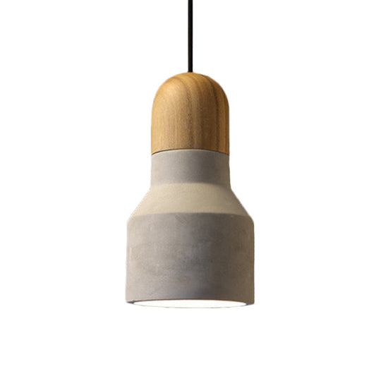 Industrial Pendant Lamp with Wood Top - Cement Grey Cone/Trapezoid/Can Shape, 1-Head, 8.5"/10"/12" High