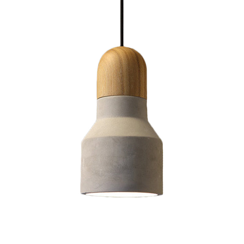 Industrial Cement Grey Pendant Light Kit With Wood Top - Cone/Trapezoid/Can Styles 1-Head 8.5/10/12