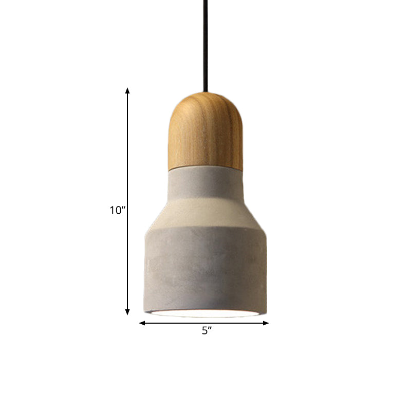 Industrial Pendant Lamp with Wood Top - Cement Grey Cone/Trapezoid/Can Shape, 1-Head, 8.5"/10"/12" High