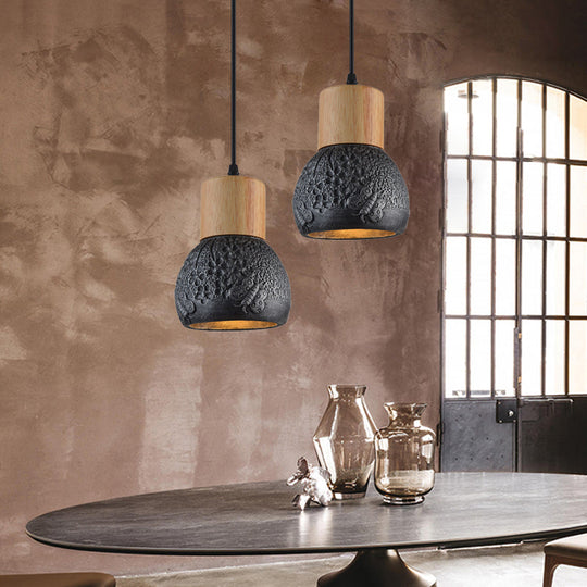 Industrial Black/Grey/Brown Head Cement Ceiling Light with Wood Dome and Butterfly Pattern- Bedroom Pendant Lamp