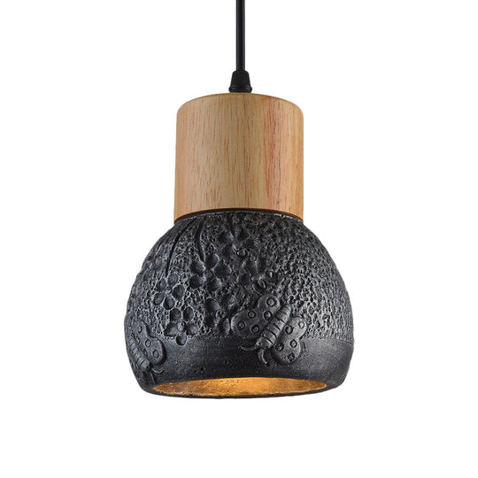 Industrial Black/Grey/Brown Head Cement Ceiling Light with Wood Dome and Butterfly Pattern- Bedroom Pendant Lamp