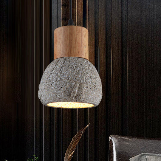 Industrial Black/Grey/Brown Head Cement Ceiling Light with Wood Dome and Butterfly Pattern- Bedroom Pendant Lamp