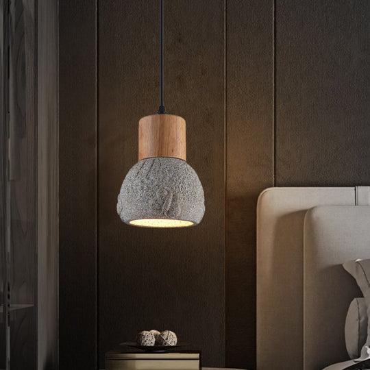 Industrial Black/Grey/Brown Head Cement Ceiling Light with Wood Dome and Butterfly Pattern- Bedroom Pendant Lamp