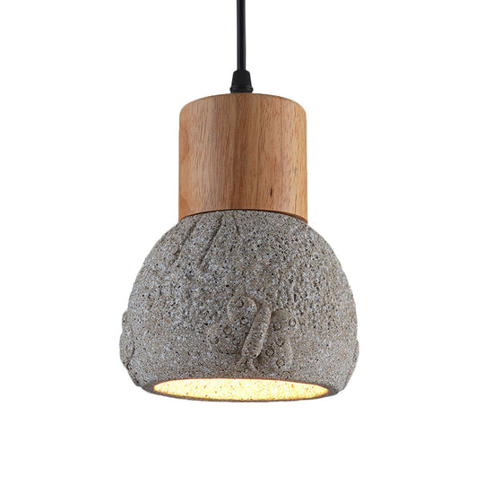 Industrial Black/Grey/Brown Head Cement Ceiling Light with Wood Dome and Butterfly Pattern- Bedroom Pendant Lamp