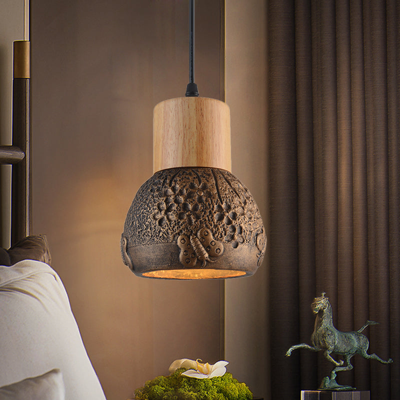 Industrial Black/Grey/Brown Head Cement Ceiling Light with Wood Dome and Butterfly Pattern- Bedroom Pendant Lamp