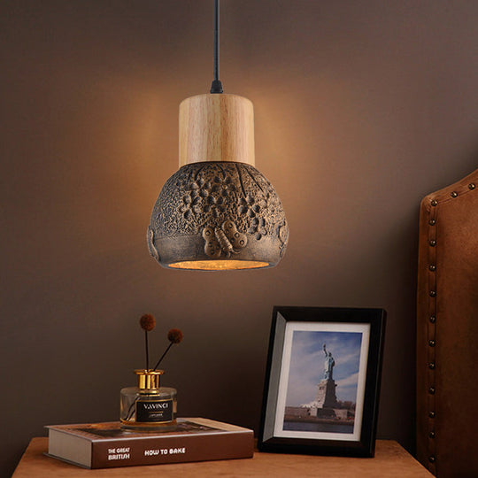 Industrial Black/Grey/Brown Head Cement Ceiling Light with Wood Dome and Butterfly Pattern- Bedroom Pendant Lamp