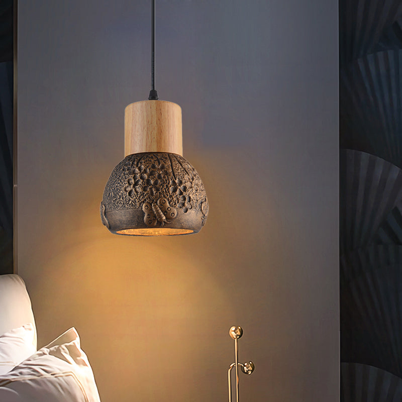 Industrial Black/Grey/Brown Head Cement Ceiling Light with Wood Dome and Butterfly Pattern- Bedroom Pendant Lamp