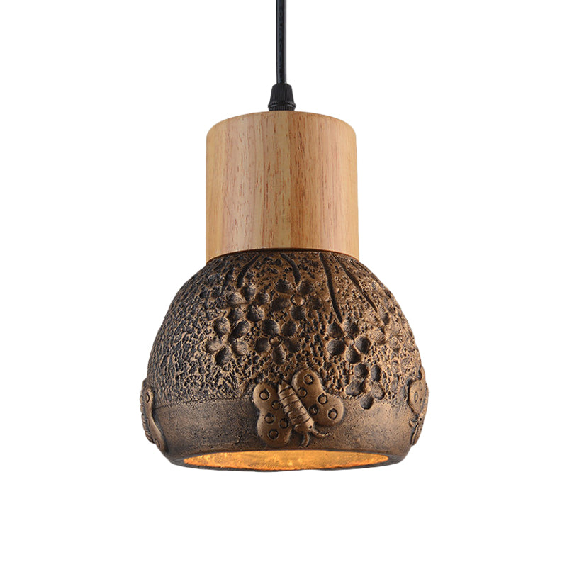 Industrial Black/Grey/Brown Head Cement Ceiling Light with Wood Dome and Butterfly Pattern- Bedroom Pendant Lamp