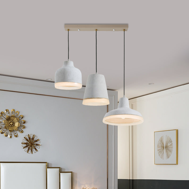 Grey Cement Pendant Lamp: Vintage Geometry with Linear/Round Canopy - Set of 3 Hanging Bulbs