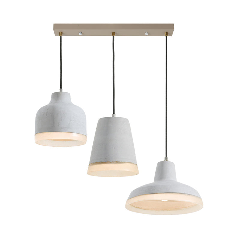 Grey Cement Pendant Lamp: Vintage Geometry with Linear/Round Canopy - Set of 3 Hanging Bulbs