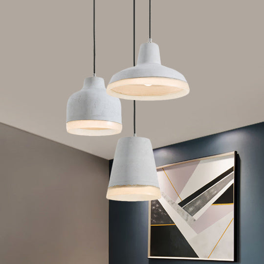 Grey Cement Pendant Lamp: Vintage Geometry with Linear/Round Canopy - Set of 3 Hanging Bulbs