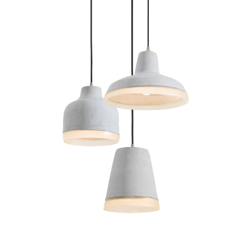 Grey Cement Pendant Lamp: Vintage Geometry with Linear/Round Canopy - Set of 3 Hanging Bulbs