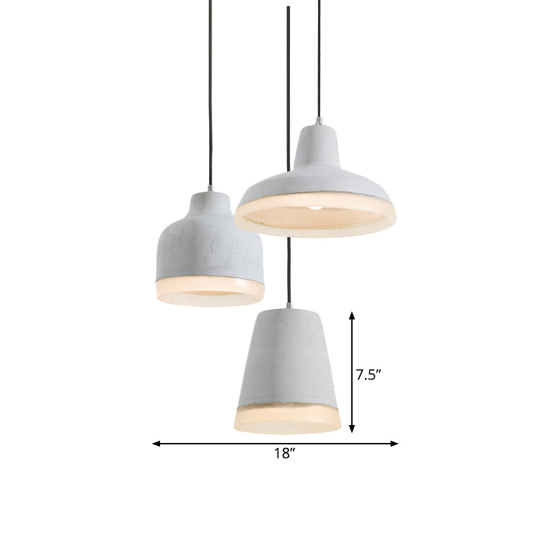 Grey Cement Pendant Lamp: Vintage Geometry with Linear/Round Canopy - Set of 3 Hanging Bulbs