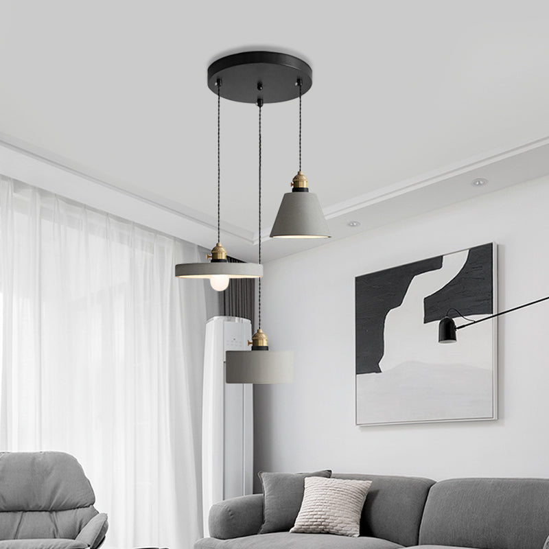 Cement Industrial Geometric Pendant Lamp - Grey 3 Lights Round Canopy