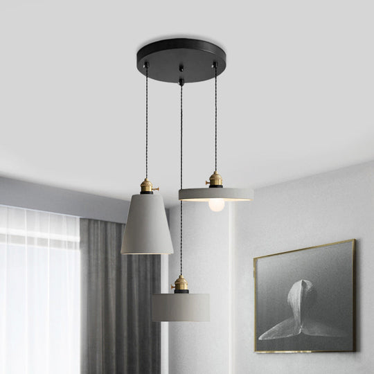 Cement Industrial Geometric Pendant Lamp - Grey 3 Lights Round Canopy / C