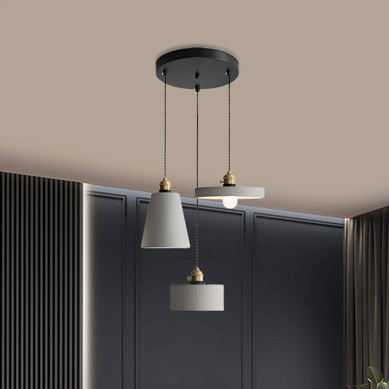 Cement Industrial Geometric Pendant Lamp - Grey 3 Lights Round Canopy