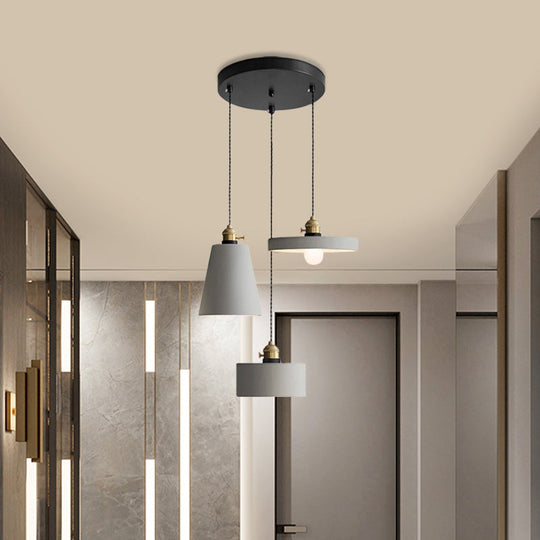 Cement Industrial Geometric Pendant Lamp - Grey 3 Lights Round Canopy