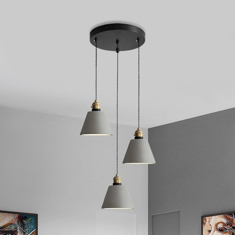 Industrial Cement Cone/Bell/Drum Pendant Lamp - 3 Heads Multi Ceiling Light - Grey - Various Height Options (3"/5"/6")