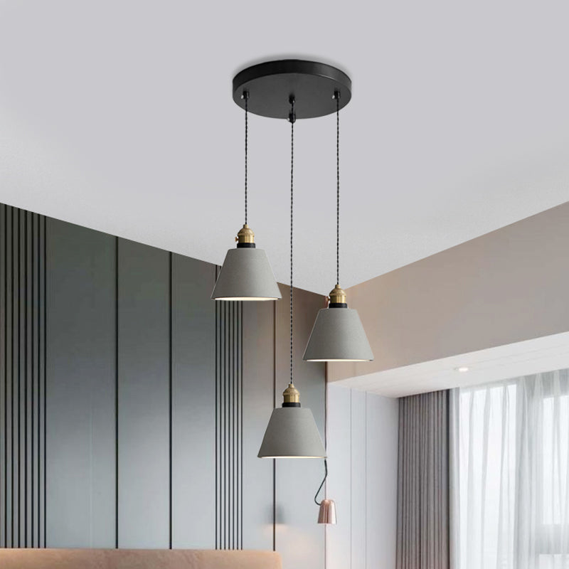 Industrial Cement Cone/Bell/Drum Pendant Lamp - 3 Heads Multi Ceiling Light - Grey - Various Height Options (3"/5"/6")