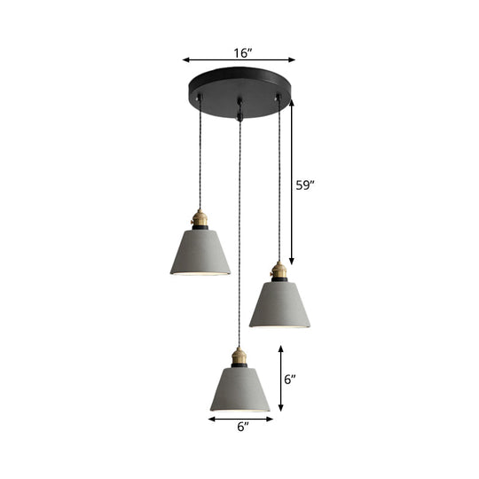 Industrial Cement Cone/Bell/Drum Pendant Lamp - 3 Heads Multi Ceiling Light - Grey - Various Height Options (3"/5"/6")