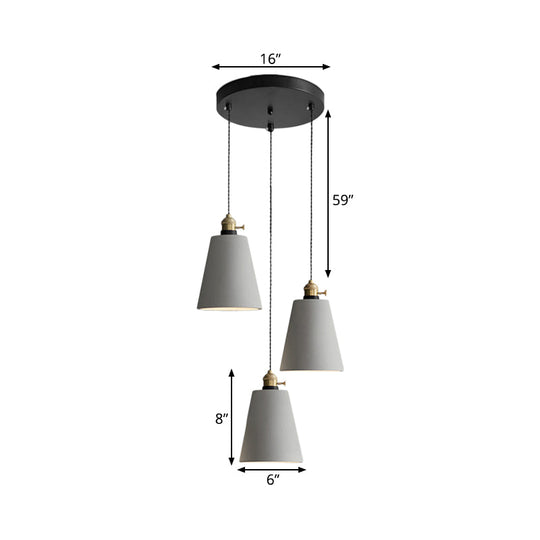 Industrial Cement Cone/Bell/Drum Pendant Lamp - 3 Heads Multi Ceiling Light - Grey - Various Height Options (3"/5"/6")