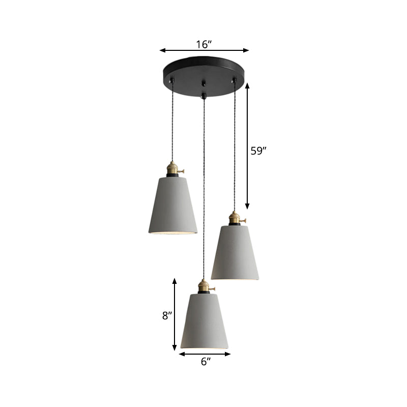 Industrial Cement Cone/Bell/Drum Pendant Lamp - Grey 3 Heads Multi Ceiling Light Fixture 3/5/6 H