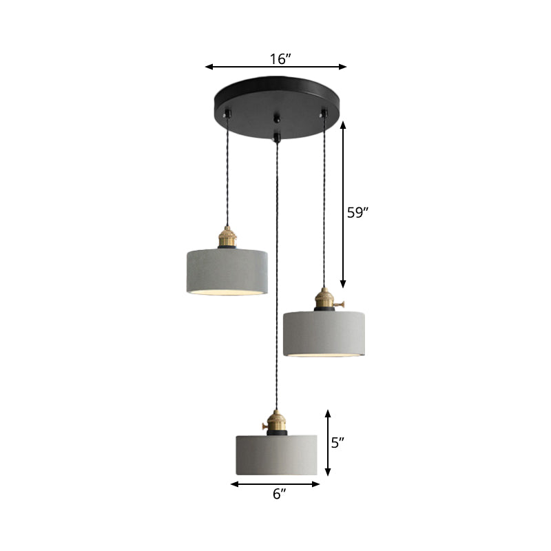 Industrial Cement Cone/Bell/Drum Pendant Lamp - 3 Heads Multi Ceiling Light - Grey - Various Height Options (3"/5"/6")