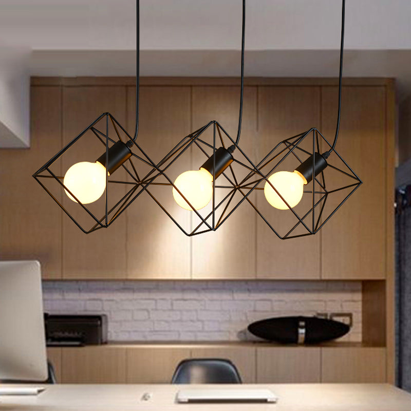 Iron Black Industrial-Style Pendant Lamp - Multiple Hanging Light Cube Cage With 3 Bulbs