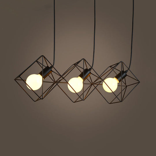 Iron Black Cube Cage Pendant Lamp - Industrial Style with 3 Bulbs, Multiple Hanging Lights