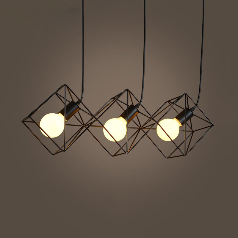 Iron Black Industrial-Style Pendant Lamp - Multiple Hanging Light Cube Cage With 3 Bulbs