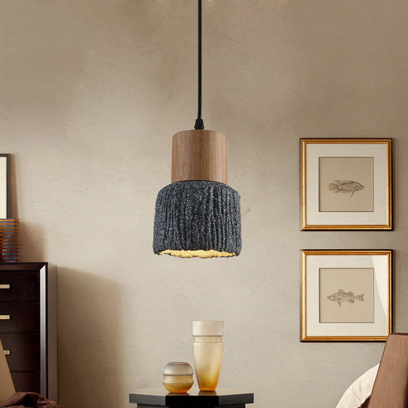 Antiqued Cup-Shape Ceiling Light: Cement Hanging Pendant Lamp (1 Head) - Silver/Black/Bronze with Wood Accents