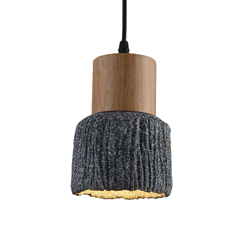 Antiqued Cup-Shape Ceiling Light: Cement Hanging Pendant Lamp (1 Head) - Silver/Black/Bronze with Wood Accents