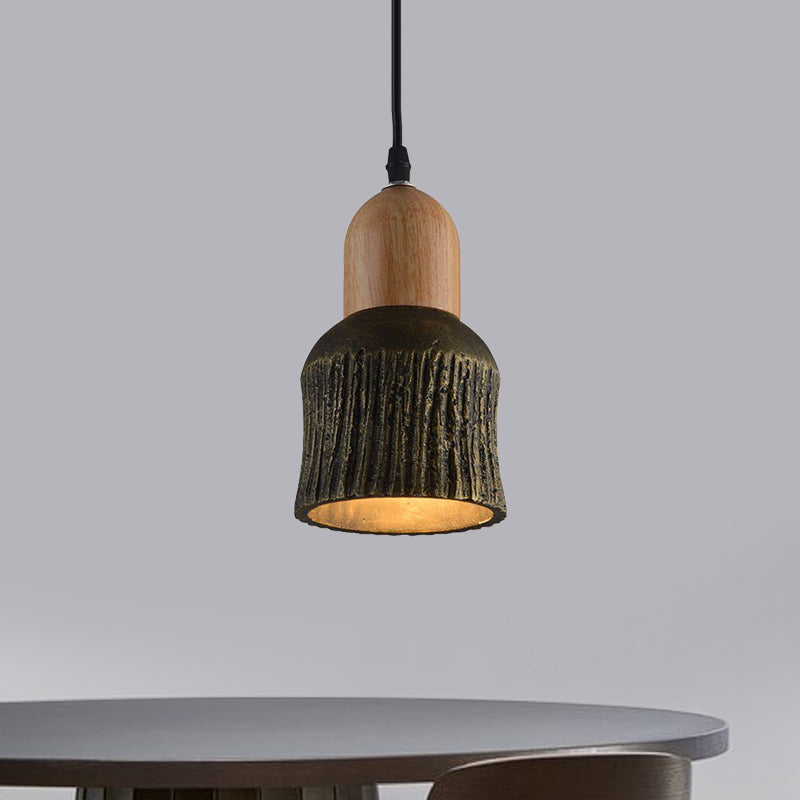 Antiqued Cup-Shape Ceiling Light: Cement Hanging Pendant Lamp (1 Head) - Silver/Black/Bronze with Wood Accents