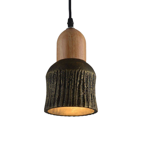 Antiqued Cup-Shape Ceiling Light: Cement Hanging Pendant Lamp (1 Head) - Silver/Black/Bronze with Wood Accents