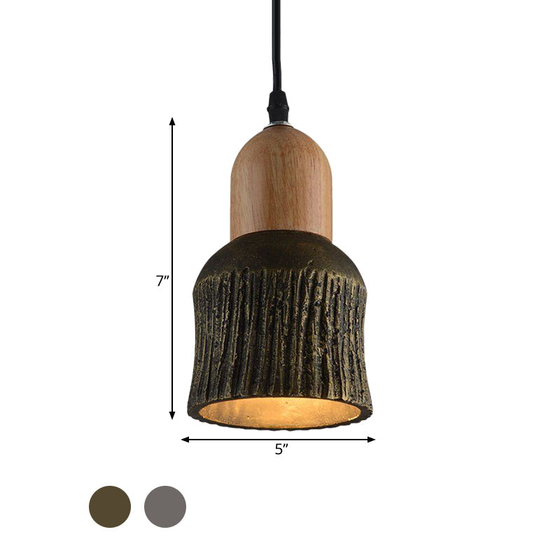 Antiqued Cup-Shape Ceiling Light: Cement Hanging Pendant Lamp (1 Head) - Silver/Black/Bronze with Wood Accents