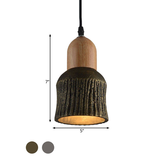 Antiqued Cup-Shape Ceiling Light: Cement Hanging Pendant Lamp (1 Head) - Silver/Black/Bronze with Wood Accents