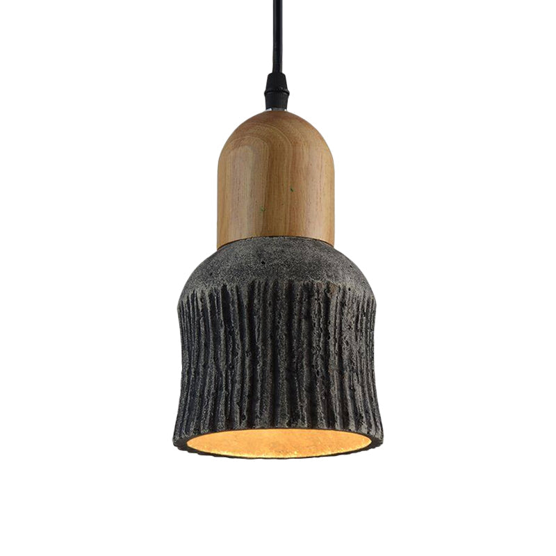 Antiqued Cup-Shape Ceiling Light: Cement Hanging Pendant Lamp (1 Head) - Silver/Black/Bronze with Wood Accents