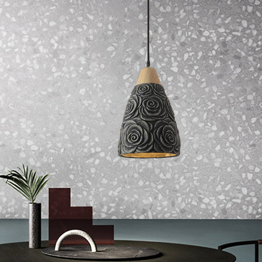 Cement Hanging Pendant Ceiling Light with Industrial Cone and Rose Pattern in Black