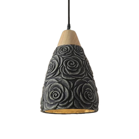 Cement Hanging Pendant Ceiling Light with Industrial Cone and Rose Pattern in Black